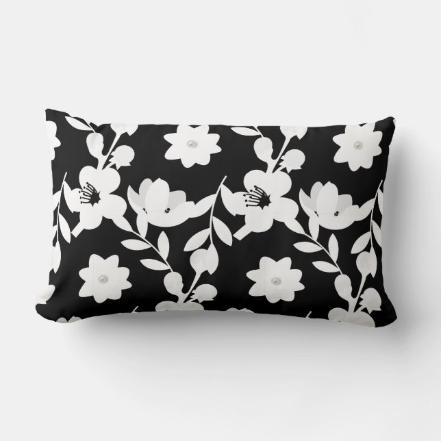 black and white floral pattern lumbar pillow (Front)