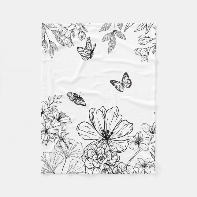 Black and White Floral Pattern Minimalist Modern Fleece Blanket (Front)