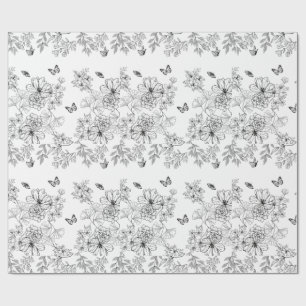 Black and White Floral Pattern Minimalist Modern Wrapping Paper
