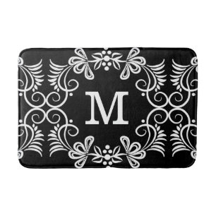 Black and white floral pattern monogrammed bath mat