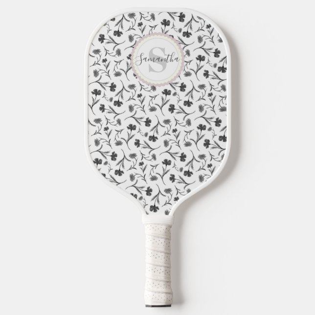 Black and White Floral Pattern - Name and Monogram Pickleball Paddle (Front)