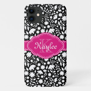 Black and White Floral Pattern Pink Monogram iPhone 11 Case