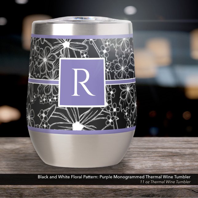 Black and White Floral Pattern: Purple Monogrammed (Black and White Floral Pattern on an 11 oz Thermal Wine Tumbler with Monogram in Purple/Lavender)