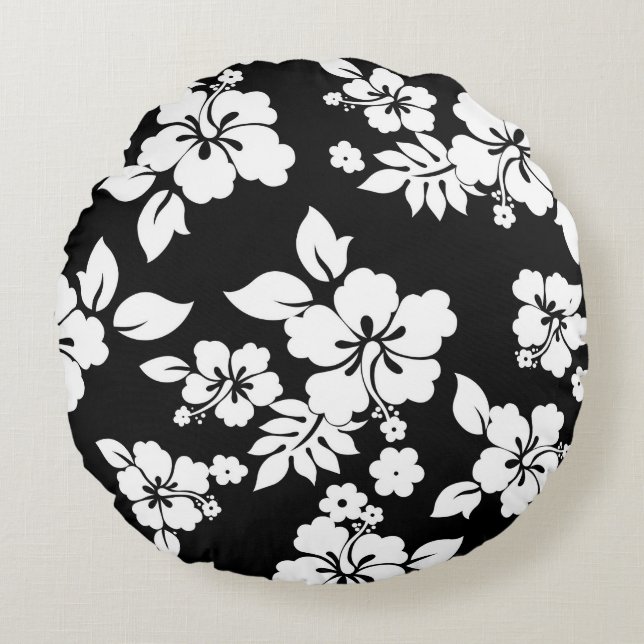 Black and white floral pattern round pillow (Front)