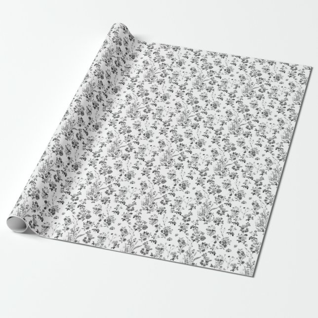 Black and White Floral Pattern Wrapping Paper (Unrolled)
