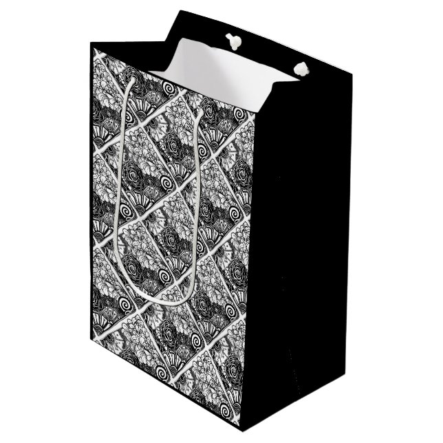 Black And White Floral Patterned Drawing  Medium Gift Bag (Front Angled)