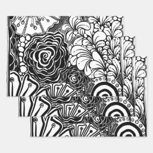 Black And White Floral Patterned Drawing  Wrapping Paper Sheet