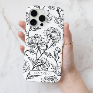 Black and White Floral Personalized Name Flower iPhone 15 Pro Max Case