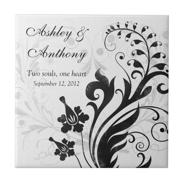Black and White Floral Personalized Wedding Tile (Front)