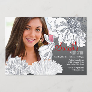 Black and White Floral Photo Invitation