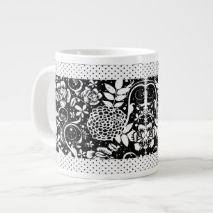 Black and White Floral Polka Dots Large Coffee Mug