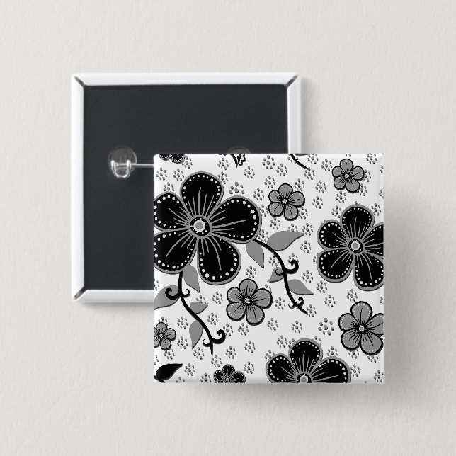 Black and White Floral Print 2 Inch Square Button (Front & Back)