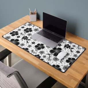 Black and White Floral Print Desk Mat