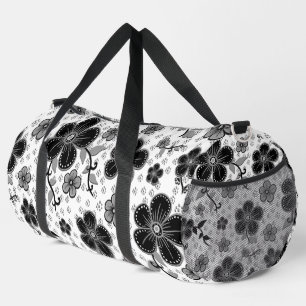 Black and White Floral Print Duffle Bag