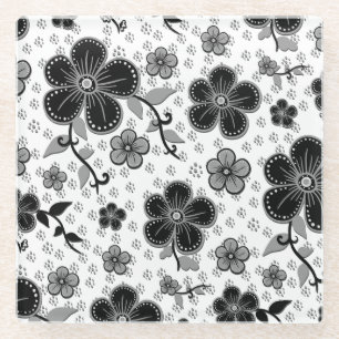 Black and White Floral Print Glass Coaster
