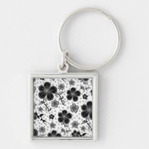 Black and White Floral Print Keychain