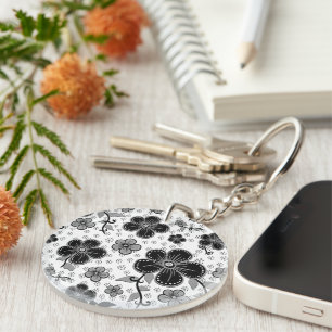 Black and White Floral Print Keychain