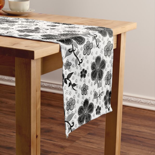 Black and White Floral Print Long Table Runner (In Situ)