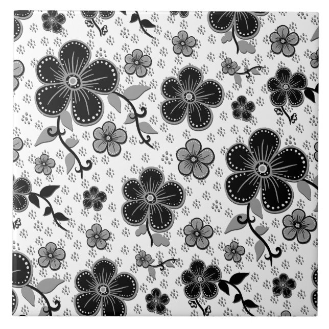 Black and White Floral Print Tile (Front)