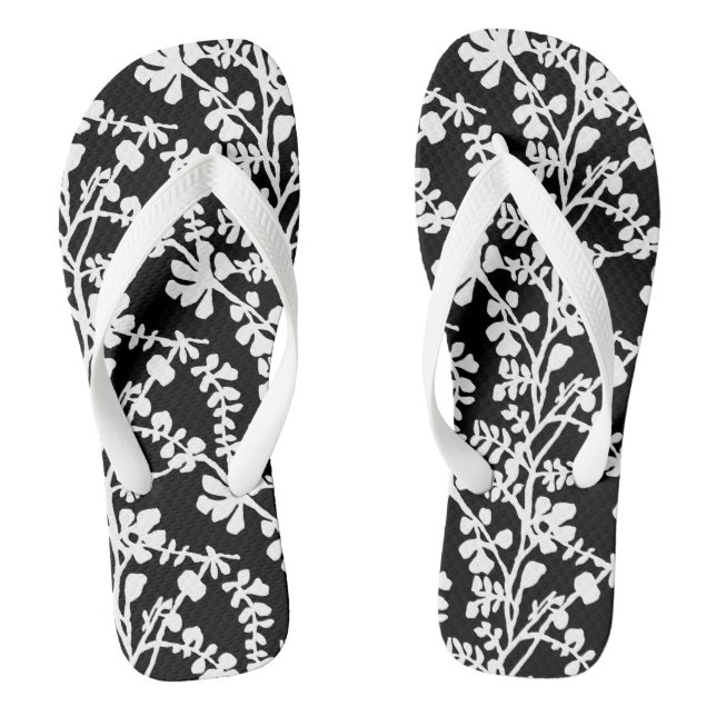 Black And White Floral Repeating Pattern Flip Flops (Footbed)