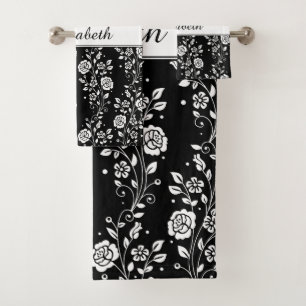 Black And White Floral Rose Pattern Name Print Bath Towel Set