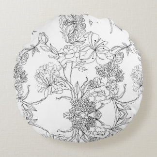 Black and White Floral Round Pillow