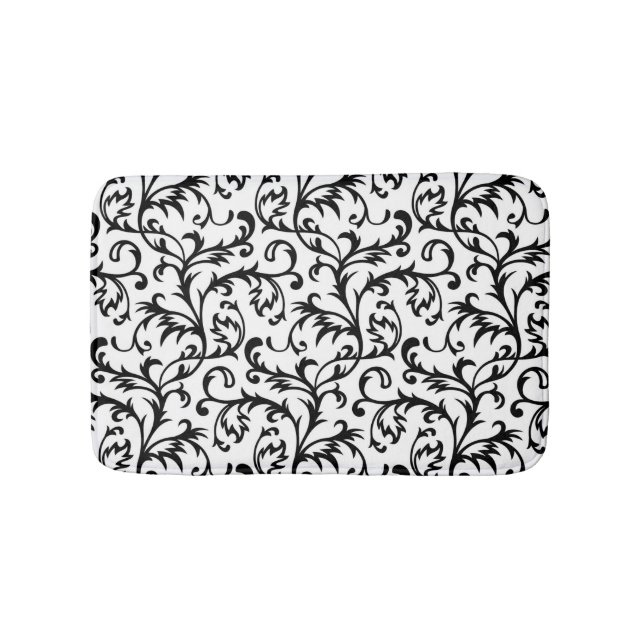 Black and White Floral Scroll Bath Mat (Front)