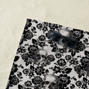 Black and White Floral Skull Pattern Beach Towel