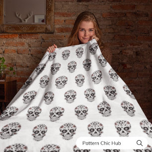 Black and White Floral Skull Pattern Modern Chic  Fleece Blanket