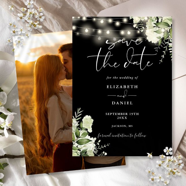 Black And White Floral String Lights Photo Wedding Save The Date (Black And White Floral String Lights Photo Wedding Save The Date)
