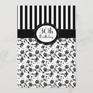 Black and White Floral Stripe 30th Birthday Invite
