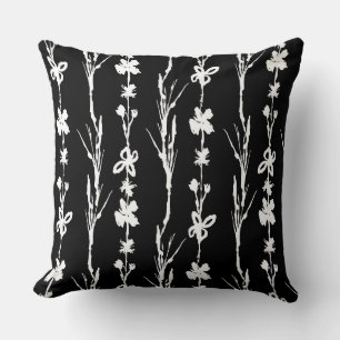 Black and White Floral Stripe  Throw Pillow