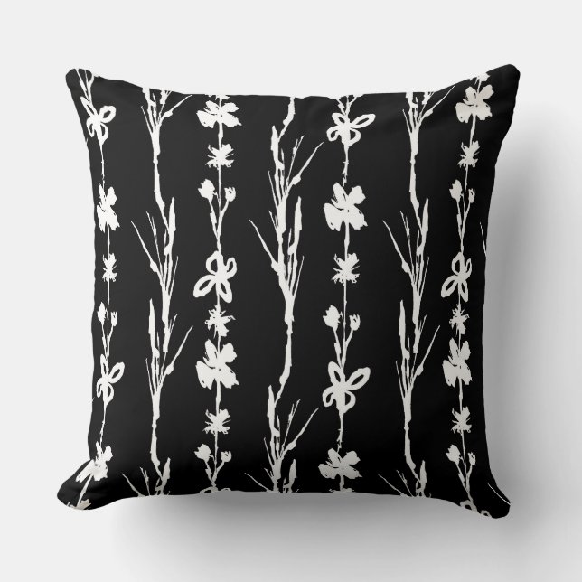 Black and White Floral Stripe  Throw Pillow (Front)