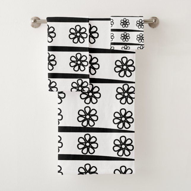 Black and White Floral Stripes  Bath Towel Set (Insitu)