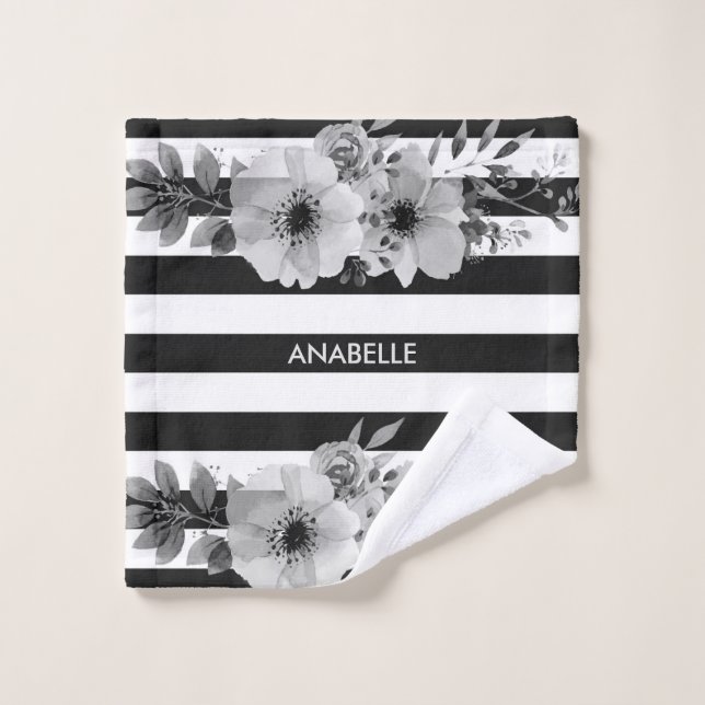 Black and White Floral Stripes Bath Towel Set (Wash Cloth)