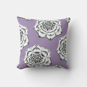 Black and White Floral Symmetry Dusty Lilac Throw Pillow