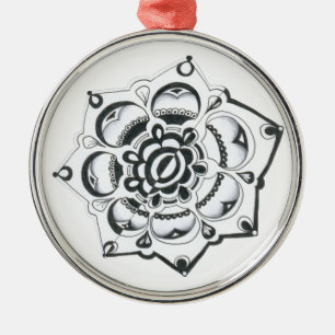 Black and White Floral Symmetry Metal Ornament