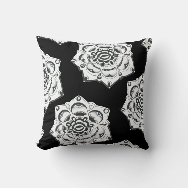 Black and White Floral Symmetry Monochrome Throw Pillow (Front)