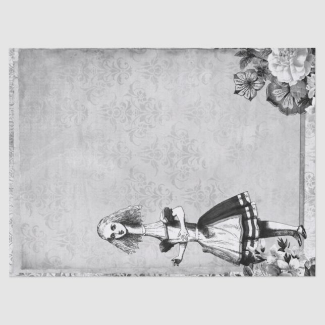 Black and White Floral Tall Alice in Wonderland Tissue Paper (Front)