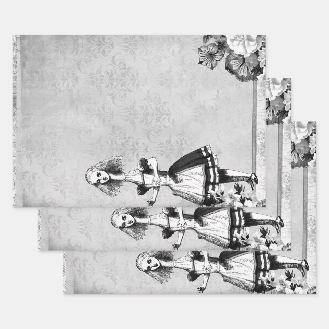 Black and White Floral Tall Alice in Wonderland Wrapping Paper Sheet (Set)