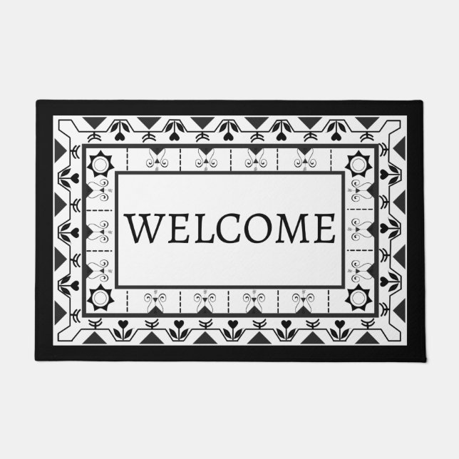 Black and White Floral Tile Design Welcome Doormat (Front)