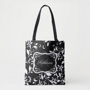 Black and White Floral Tote Bag
