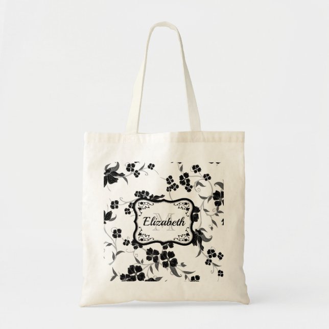 Black and White Floral Tote Bag (Front)