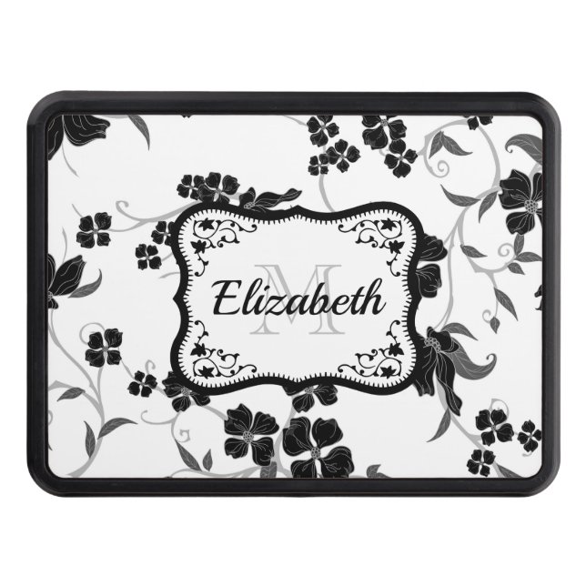 Black and White Floral Trailer Hitch Cover (Front)