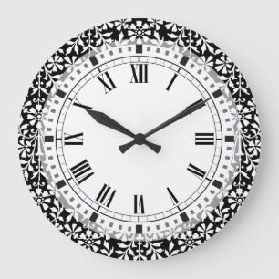 Black and White Floral Vintage Large Clock