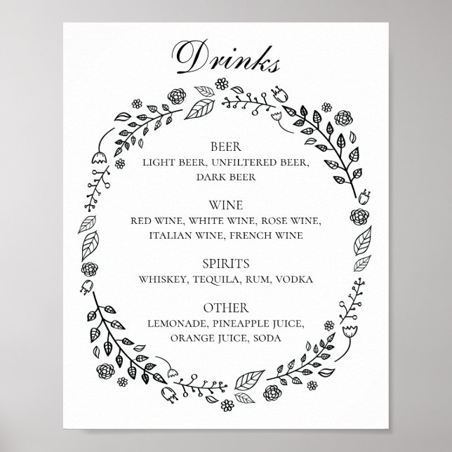 Black and white floral wedding alcohol drinks bar poster (Front)