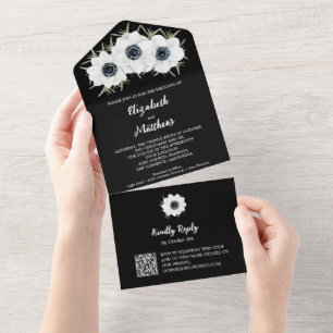 Black and White Floral Wedding All In One Invitation