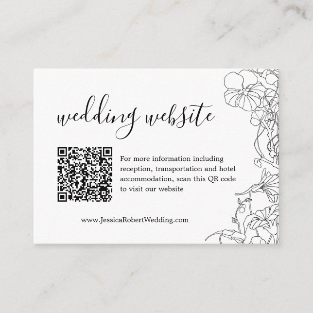 Black and White Floral Wedding Details QR Code Enclosure Card (Front)