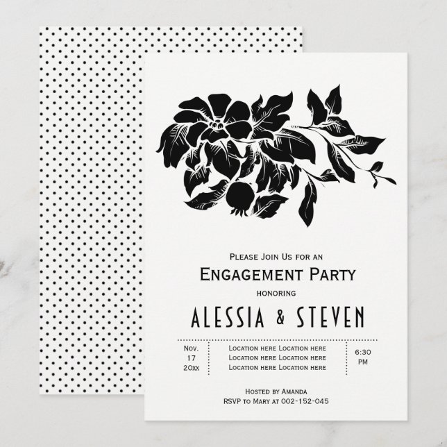 Black and white floral wedding engagement party invitation (Front/Back)