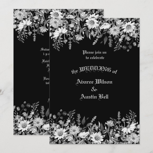 Black and White Floral Wedding Invitation (Front/Back)